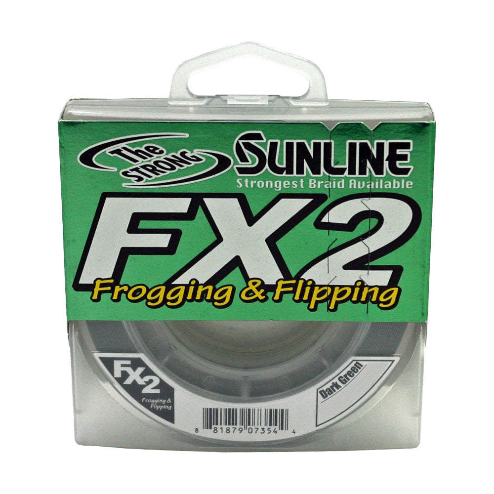 A package of Sunline FX2 Braided Line by Sunline in dark green, with bold text and a clear window displaying the braided spool inside.