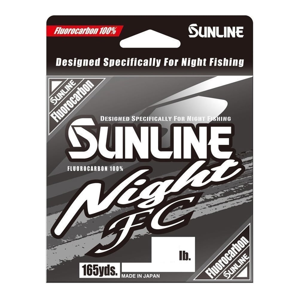 The Sunline Night FC Fluorocarbon Line 165yd features bold black, white, and silver packaging labeled “Fluorocarbon 100%” and “Designed Specifically For Night Fishing,” ideal for night anglers seeking high-visibility fishing line.