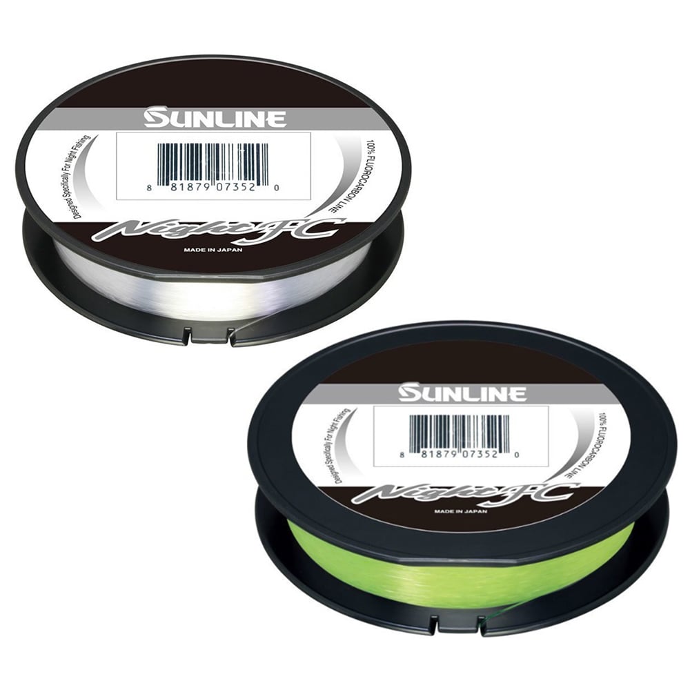 Two spools of Sunline Night FC Fluorocarbon Line 165yd, in clear and green, both with black and white labels and barcodes, are displayed on a white background.