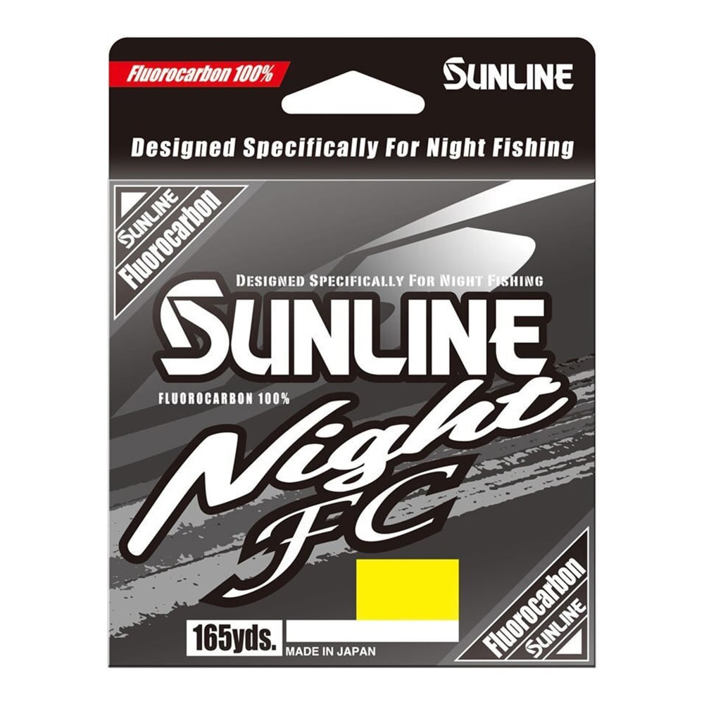 The Sunline Night FC Fluorocarbon Line 165yd, by Sunline, comes in a black, white, and gray package highlighting "Made in Japan" and high visibility for low-light fishing.
