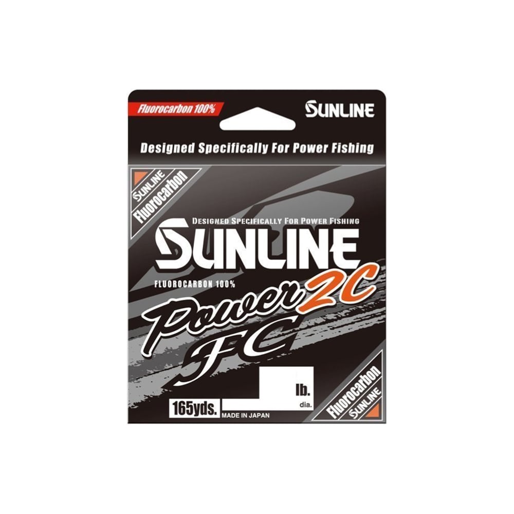 Sunline Power 2C FC Fluorocarbon Line packaging displays bold graphics, "165 yds.," "100% Fluorocarbon," abrasion resistance, and notes it's designed for power fishing. Brand: Sunline.