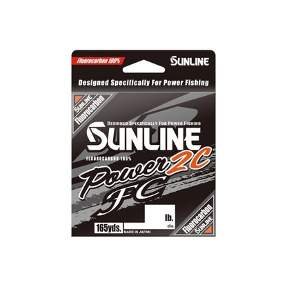 Sunline Power 2C FC Fluorocarbon Line packaging displays bold graphics, "165 yds.," "100% Fluorocarbon," abrasion resistance, and notes it's designed for power fishing. Brand: Sunline.