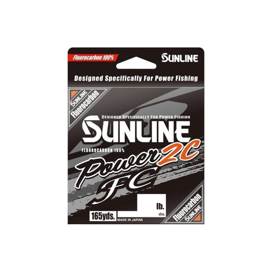 Sunline Power 2C FC Fluorocarbon Line packaging displays bold graphics, "165 yds.," "100% Fluorocarbon," abrasion resistance, and notes it's designed for power fishing. Brand: Sunline.