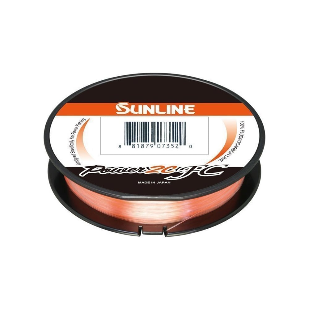 A spool of Sunline Power 2C FC Fluorocarbon Line, featuring clear abrasion-resistant fluorocarbon, an orange label, barcode, and Sunline branding on top.