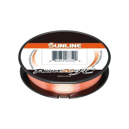 A spool of Sunline Power 2C FC Fluorocarbon Line, featuring clear abrasion-resistant fluorocarbon, an orange label, barcode, and Sunline branding on top.