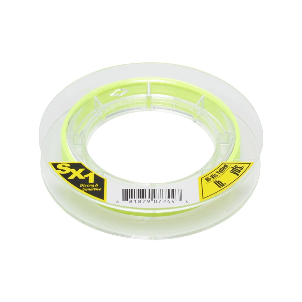 A spool of Sunline SX1 Braided Line in neon yellow is displayed, featuring enhanced abrasion resistance and excellent casting distance. The packaging includes a barcode and caution label. This line offers strong sensitivity, making it perfect for diverse fishing settings.