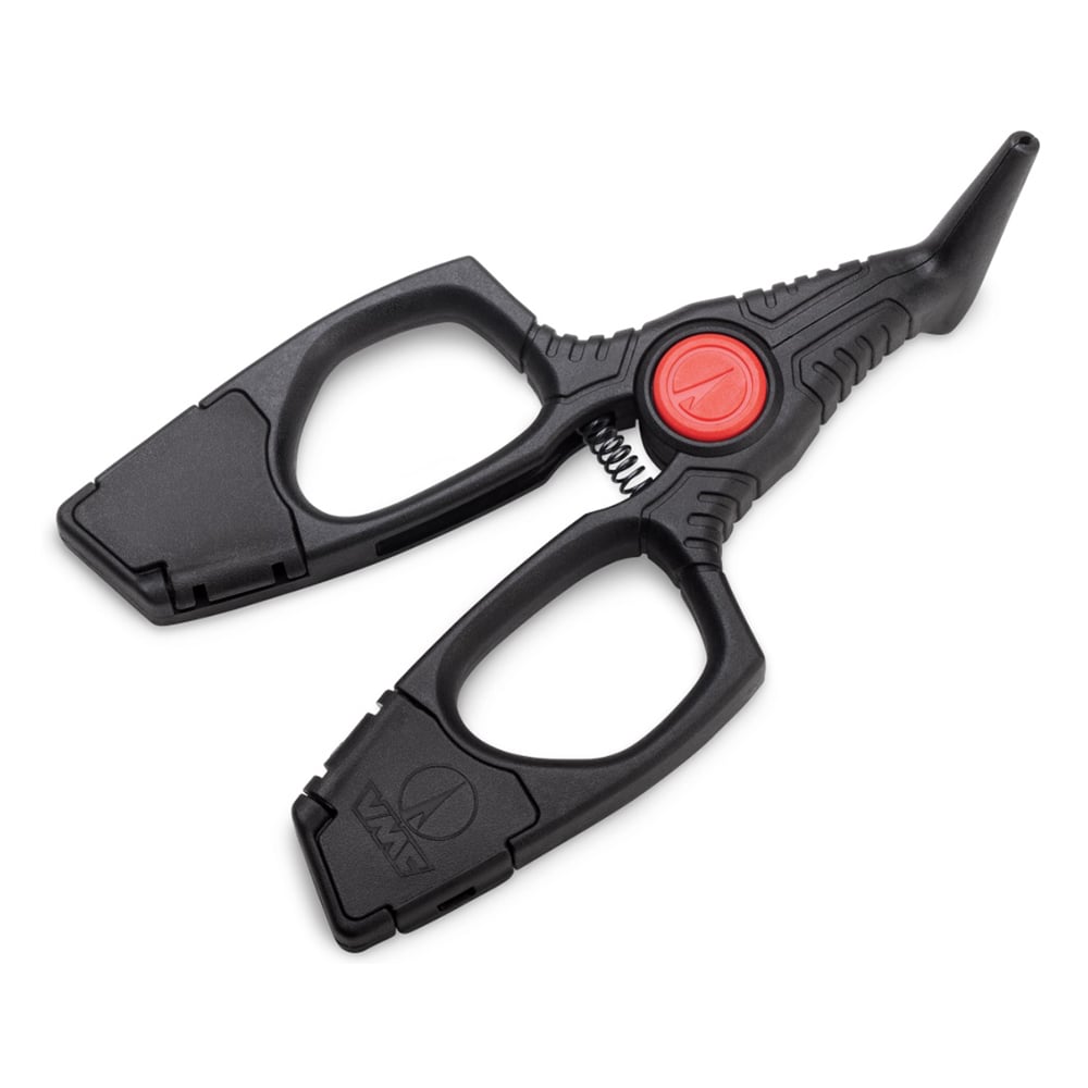 The VMC Crossover Pliers in black and red feature a spring mechanism and ergonomic grips, with blades securely closed. A small pointed extension at the end is perfect for precise rigging of soft plastics.