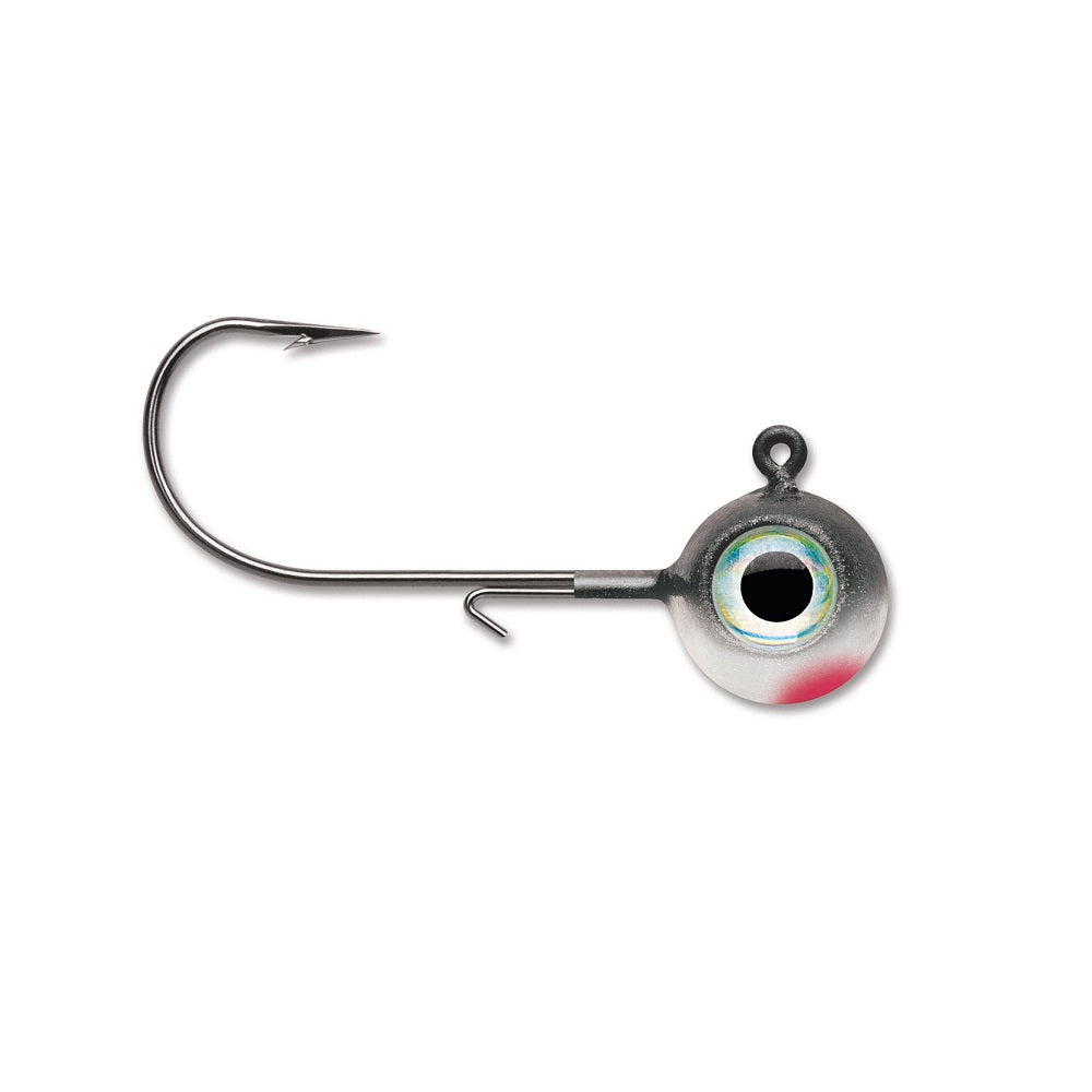 The VMC Neon Moon Eye Jig by VMC features a round metallic design with holographic 3D eyes, a realistic eye detail, and a large high-carbon steel hook. A small red mark near the bottom adds extra appeal to this fishing jig head.