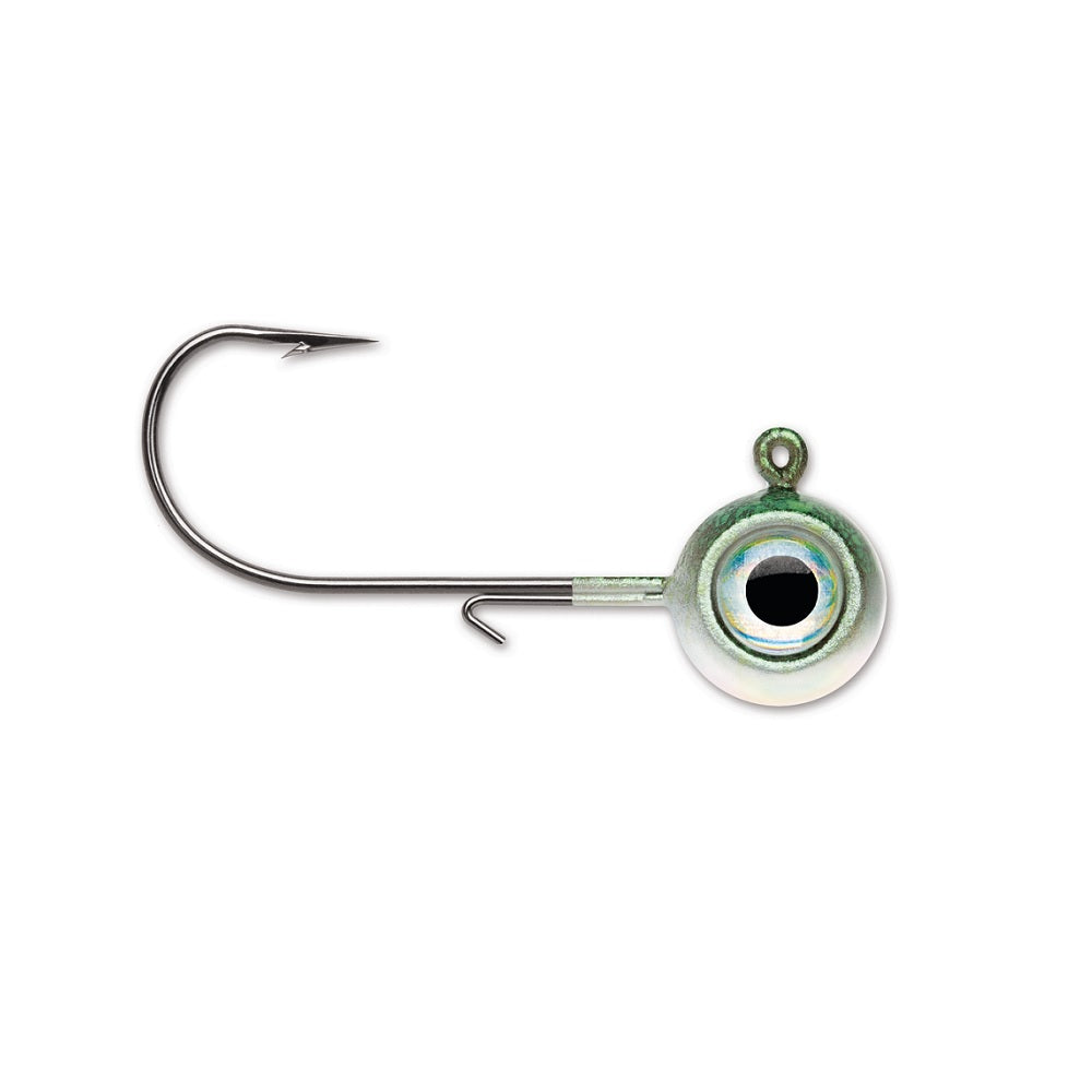 The VMC Neon Moon Eye Jig by VMC features a silver finish, a large holographic eye design, and a high-carbon steel hook extending left, displayed on a plain white background.
