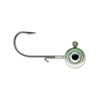 The VMC Neon Moon Eye Jig by VMC features a silver finish, a large holographic eye design, and a high-carbon steel hook extending left, displayed on a plain white background.