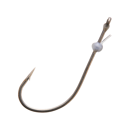 The VMC Redline Series Finesse Neko Hook features a sharp barb, curved shank, and gray plastic bead near the eye, all crafted from premium VMC Vanadium Steel for finesse Neko rigs.