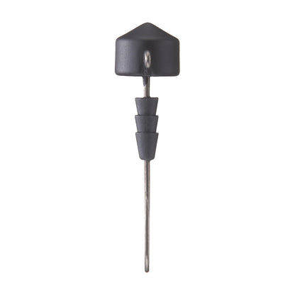 A VMC Redline Series Tungsten Ned Heads pushpin, in black and silver with a cone shape and layered design resembling a sleek needle point hook, is set against a white background.