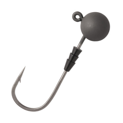 The VMC Redline Series Tungsten Swimbait Jighead by VMC features a sharp needle point, angled shank, and a round lead-free tungsten weight ball head attached above the eyelet.