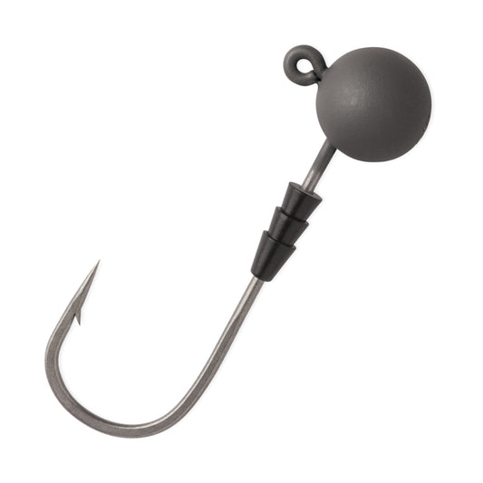 The VMC Redline Series Tungsten Swimbait Jighead by VMC features a sharp needle point, angled shank, and a round lead-free tungsten weight ball head attached above the eyelet.
