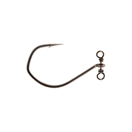 A single VMC Spinshot Drop Shot Hook by VMC, designed with a wide curve and sharp barbed point, features a swivel to prevent line twisting for secure bait holding. Its metallic finish gleams against a plain white background, making it perfect for precision in drop shot fishing.