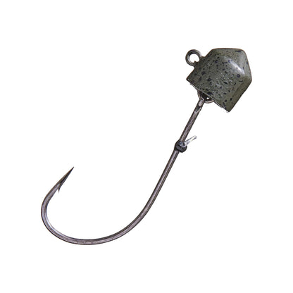 Close-up of the VMC Swingin Ned Rig Jighead, showcasing a curved metallic hook and hexagonal, speckled dark green weighted head. It includes an adjustable fluorocarbon keeper and a small loop for line attachment, ideal for the Swingin Ned Rig. The jig is isolated on a white background.