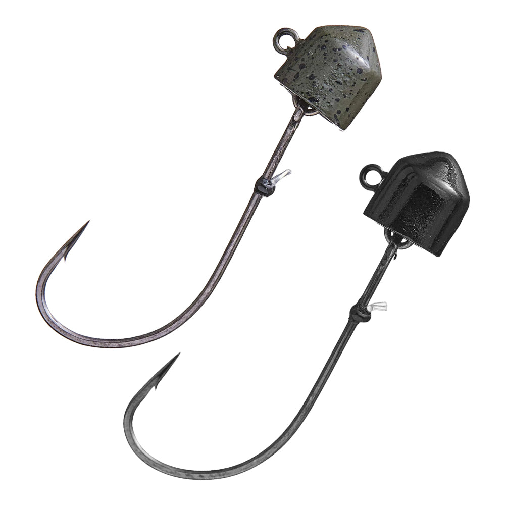 The VMC Swingin Ned Rig Jighead includes two fishing hooks with green speckled and solid black jigheads designed to attract fish. They feature sharp, curved hooks on weighted heads and an adjustable fluorocarbon keeper for added versatility.