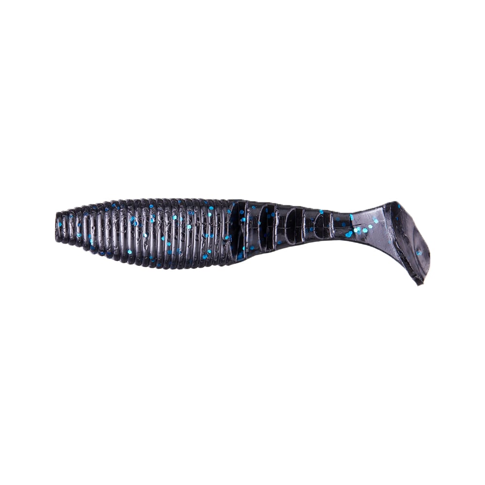 The Yamamoto Kickin Zako Swimbait by Yamamoto is a soft plastic, fish-shaped lure with a ribbed body in dark blue with light blue speckles, displayed on a white background.