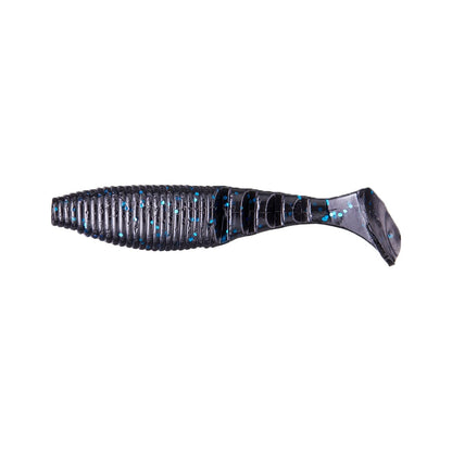 The Yamamoto Kickin Zako Swimbait by Yamamoto is a soft plastic, fish-shaped lure with a ribbed body in dark blue with light blue speckles, displayed on a white background.