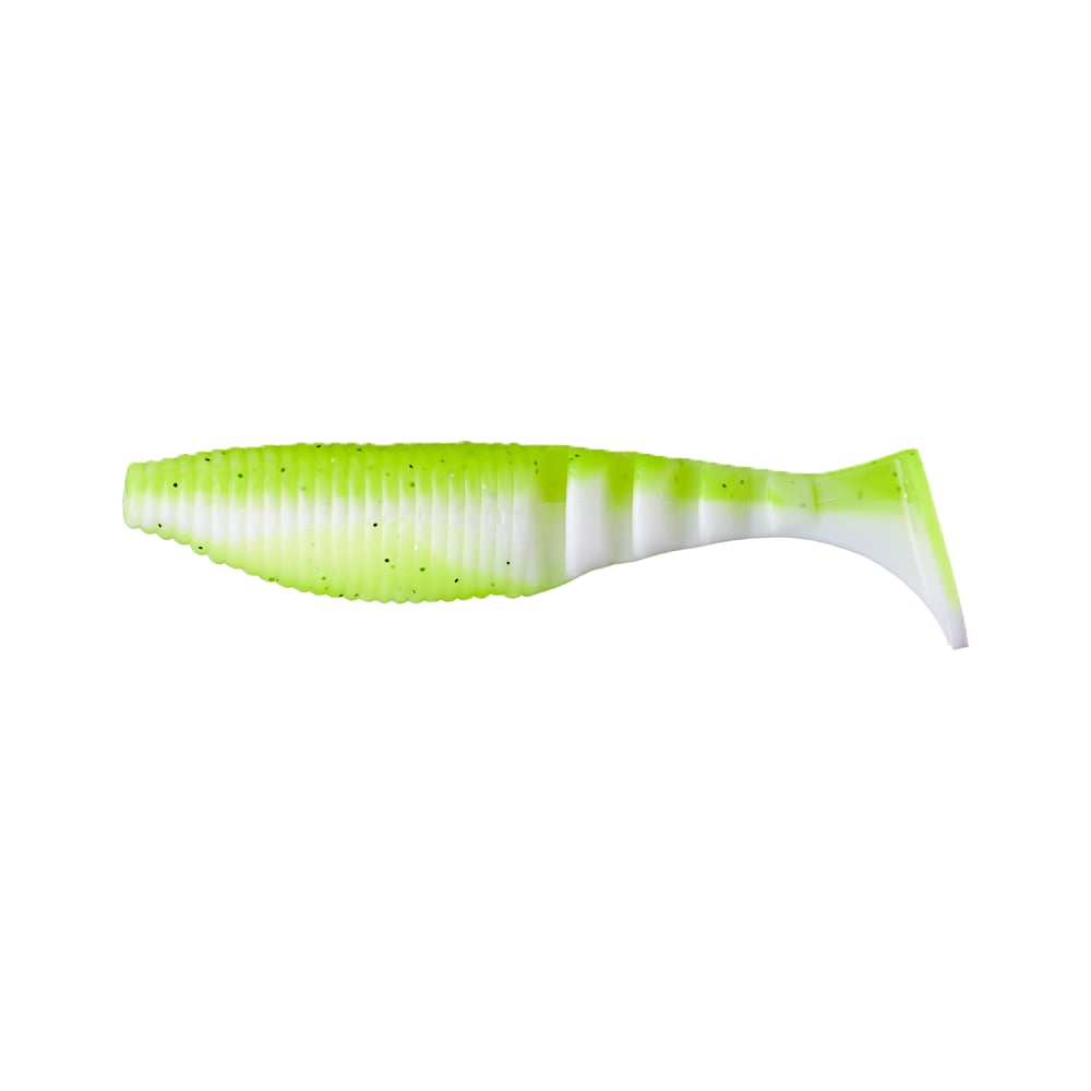 The Yamamoto Kickin Zako Swimbait by Yamamoto is a soft plastic lure shaped like a small fish, featuring a ribbed body and swimbait head in green and white, shown on a plain white background.