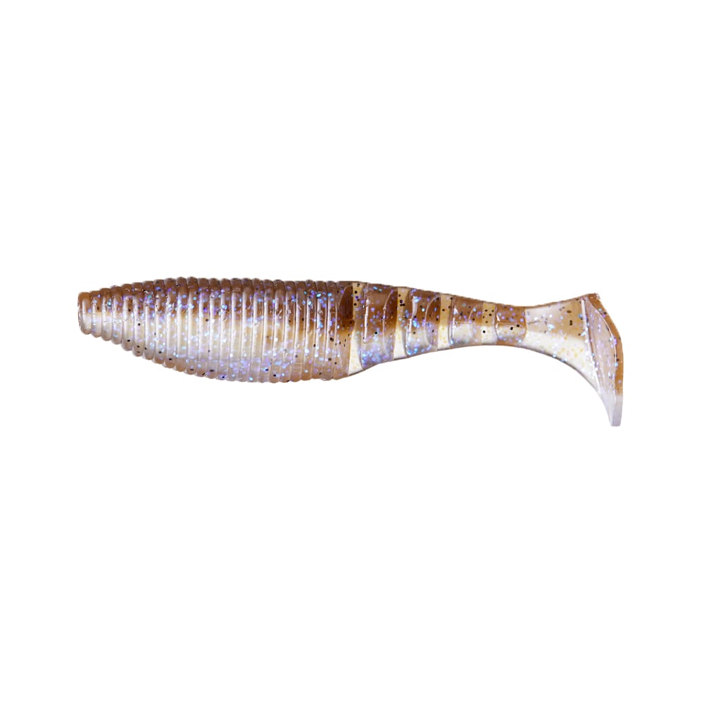 The Yamamoto Kickin Zako Swimbait is a soft, ribbed, paddle-tail lure in brown with translucent purple and silver flecks—perfect for pairing with your favorite swimbait head.