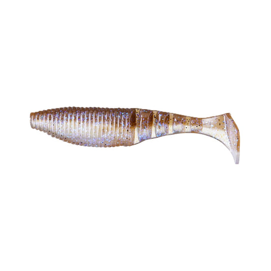 The Yamamoto Kickin Zako Swimbait is a soft, ribbed, paddle-tail lure in brown with translucent purple and silver flecks—perfect for pairing with your favorite swimbait head.