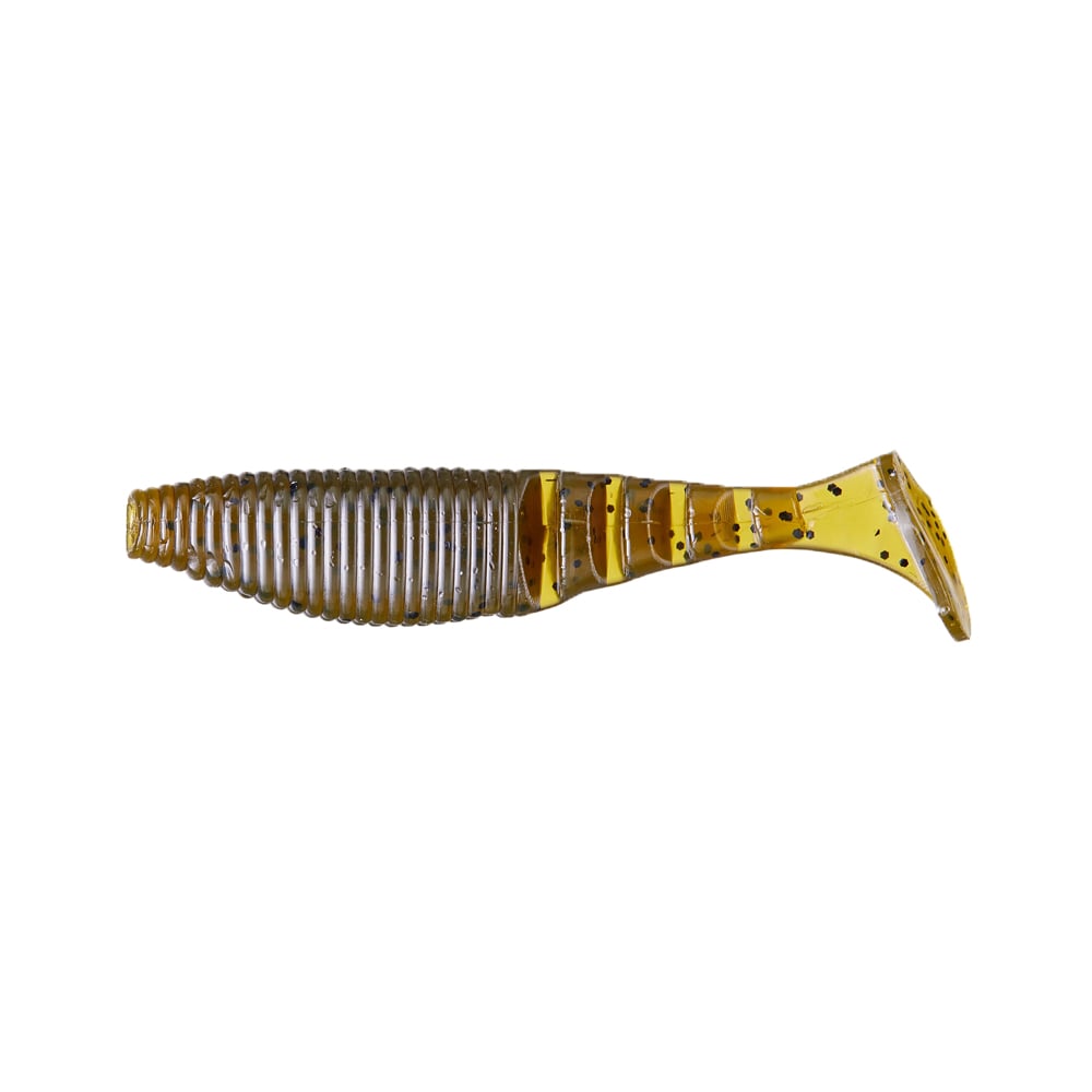 The Yamamoto Kickin Zako Swimbait by Yamamoto is a ribbed, soft plastic lure in translucent yellowish-brown with black speckles and a swimbait head, shown against a white background.