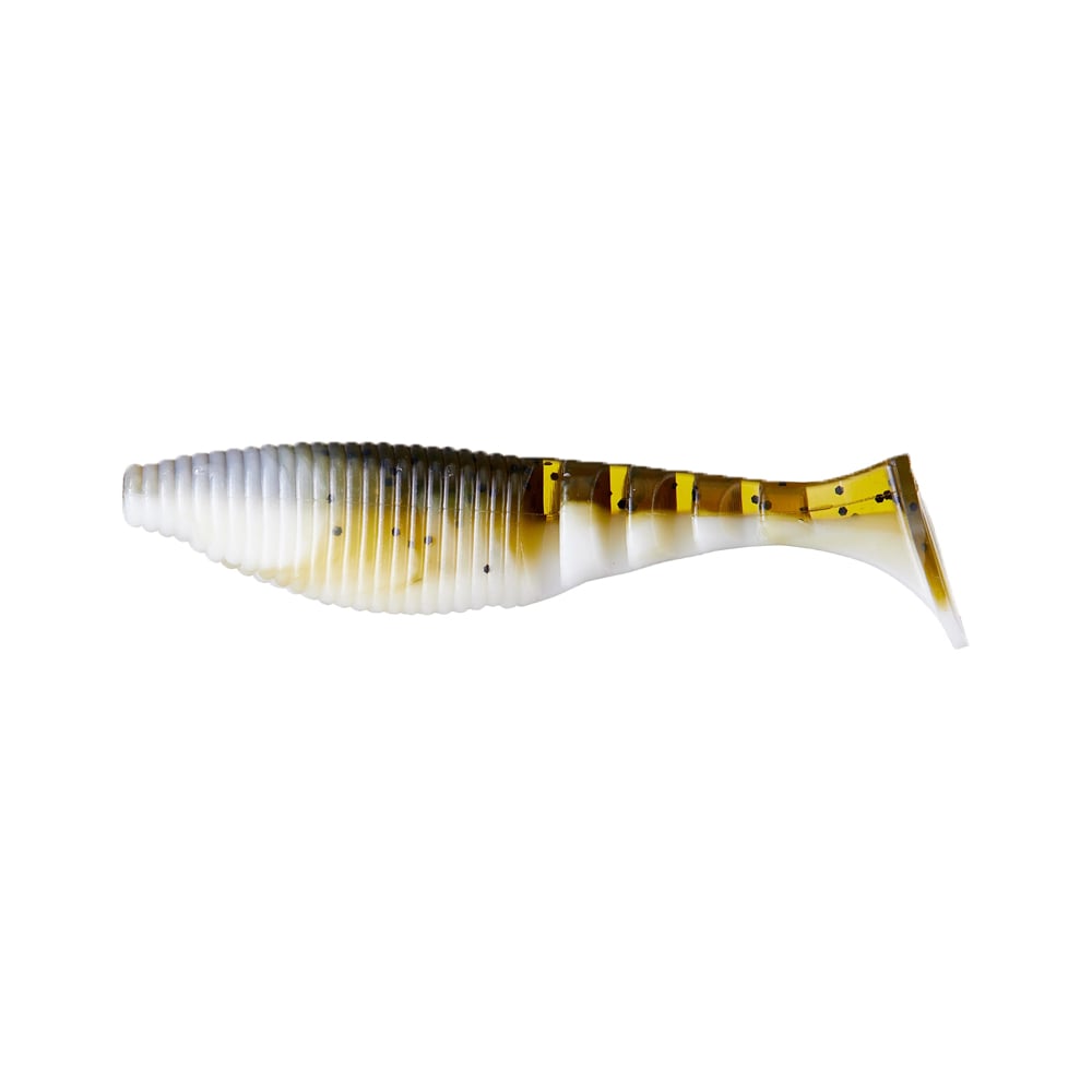 The Yamamoto Kickin Zako Swimbait by Yamamoto is a soft plastic lure shaped like a small fish, with a ribbed body and paddle tail, colored white with brown, yellow markings, and black spots.