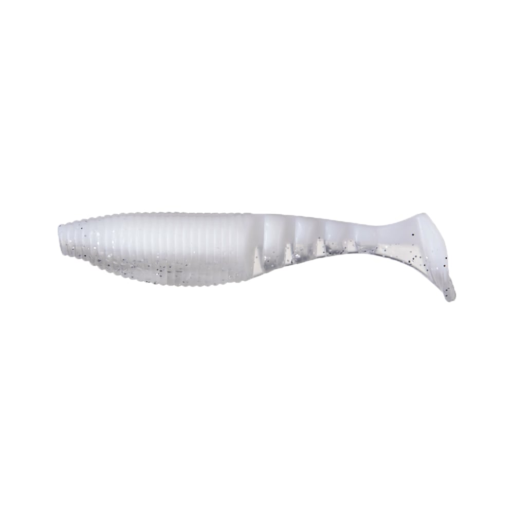 The Yamamoto Kickin Zako Swimbait by Yamamoto is a soft plastic, ribbed, white and translucent paddle tail lure shaped like a small fish, perfect for use with a swimbait head, shown on a plain white background.