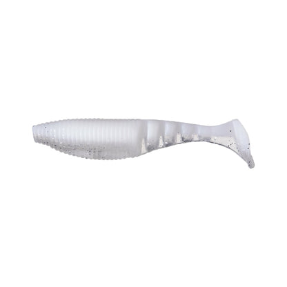 The Yamamoto Kickin Zako Swimbait by Yamamoto is a soft plastic, ribbed, white and translucent paddle tail lure shaped like a small fish, perfect for use with a swimbait head, shown on a plain white background.