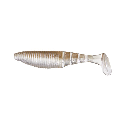 The Yamamoto Kickin Zako Swimbait by Yamamoto is a clear, ribbed soft plastic lure with a paddle tail, shown on a white background and designed to mimic small baitfish.