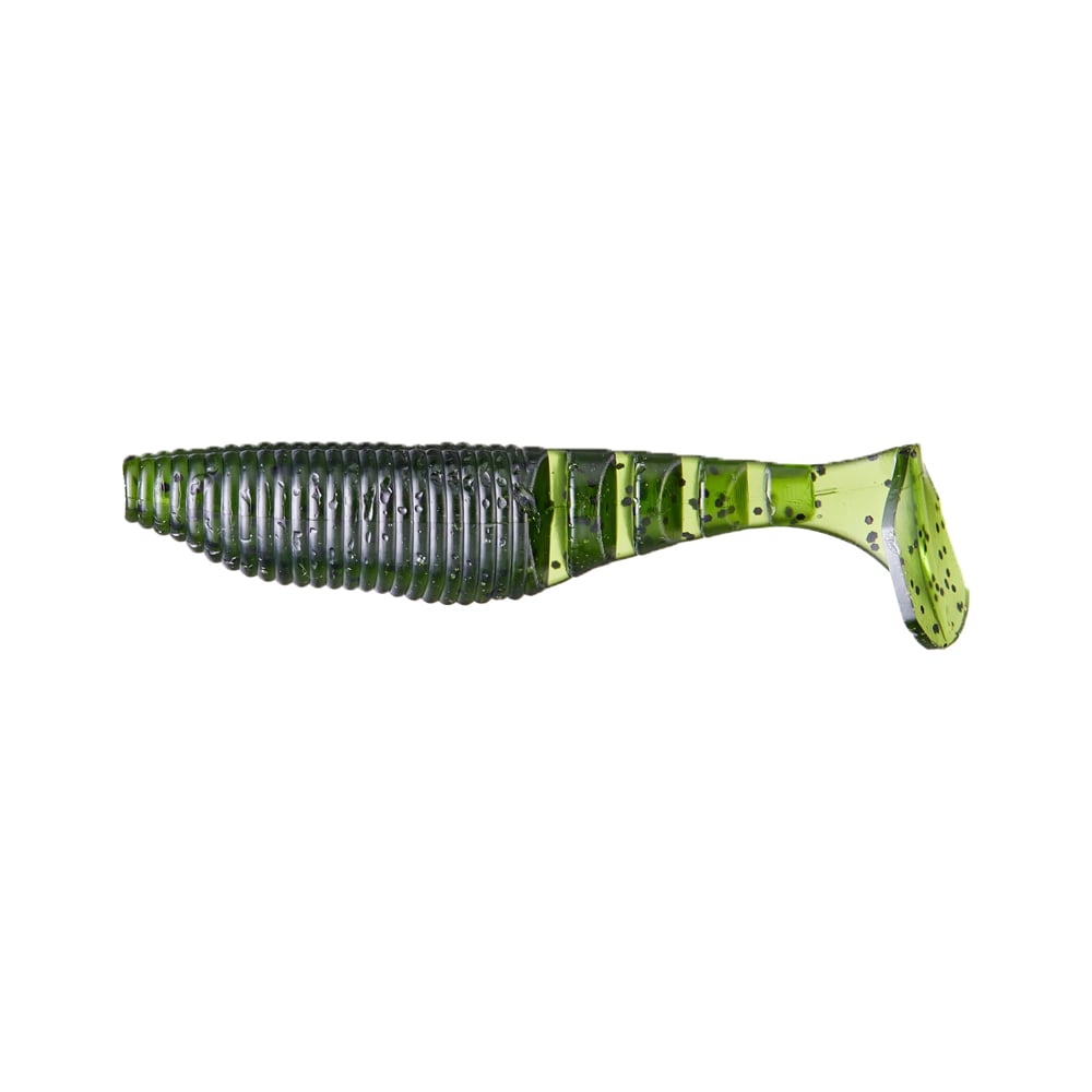 A green Yamamoto Kickin Zako Swimbait, shaped like a small fish with a ribbed body, paddle tail, and black speckles, is shown on a white background.