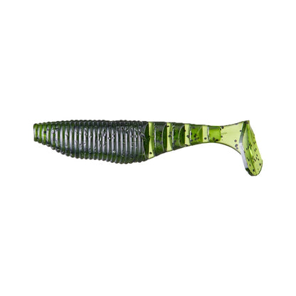 A green Yamamoto Kickin Zako Swimbait, shaped like a small fish with a ribbed body, paddle tail, and black speckles, is shown on a white background.