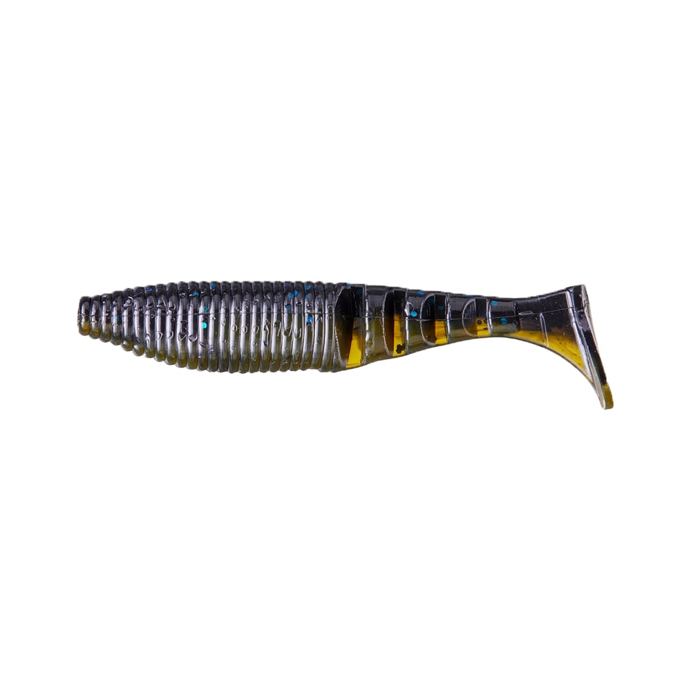 The Yamamoto Kickin Zako Swimbait by Yamamoto is a soft plastic lure with a ribbed body, paddle tail, dark gray top, and translucent yellow and silver bottom, shown on a white background.