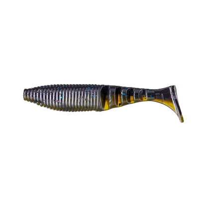 The Yamamoto Kickin Zako Swimbait by Yamamoto is a soft plastic lure with a ribbed body, paddle tail, dark gray top, and translucent yellow and silver bottom, shown on a white background.