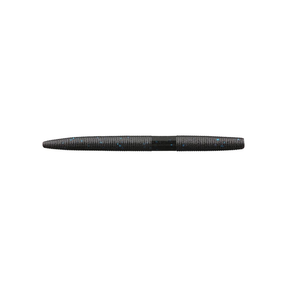 A segmented, tapered cylindrical object with a ribbed surface resembles a Yamamoto Senko by Yamamoto. Dark-colored with a subtle sheen, this plastic bait is centered on a plain white background.