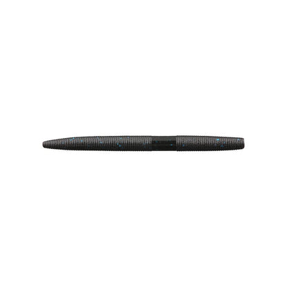 A segmented, tapered cylindrical object with a ribbed surface resembles a Yamamoto Senko by Yamamoto. Dark-colored with a subtle sheen, this plastic bait is centered on a plain white background.