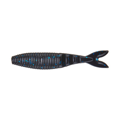The Yamamoto Zako Slim by Yamamoto is a soft plastic lure with a ribbed body, forked tail, and dark blue-black color with blue speckles—ideal for finesse fishing or pairing with chatterbaits.