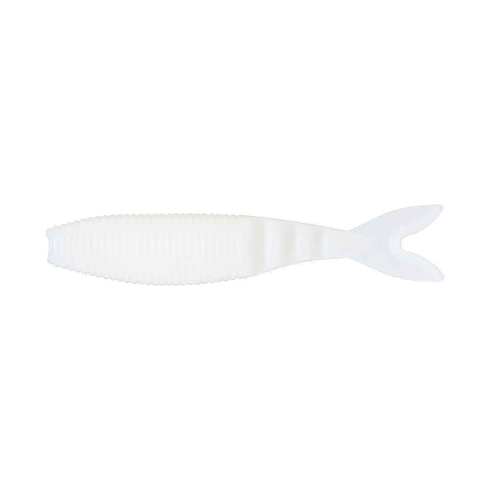 The Yamamoto Zako Slim by Yamamoto is a white, soft plastic lure with a ribbed body and split tail fin, shaped like a small fish—perfect for finesse fishing—shown on a plain white background.