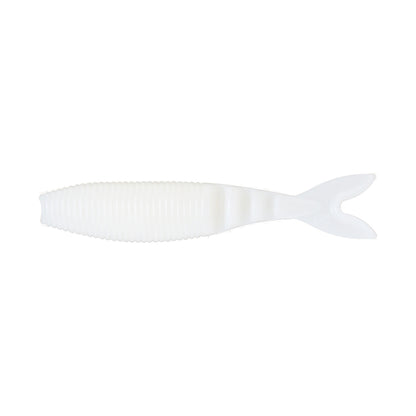 The Yamamoto Zako Slim by Yamamoto is a white, soft plastic lure with a ribbed body and split tail fin, shaped like a small fish—perfect for finesse fishing—shown on a plain white background.