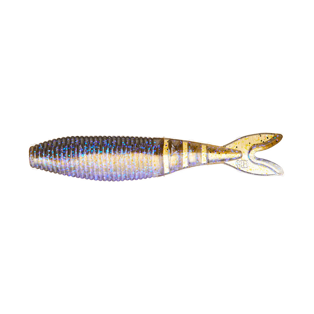 The Yamamoto Zako Slim by Yamamoto is a soft plastic lure shaped like a small fish with a ribbed, segmented body and forked tail in brown, gold, and blue—ideal for finesse fishing or rigging on chatterbaits.
