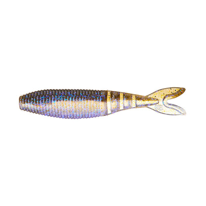 The Yamamoto Zako Slim by Yamamoto is a soft plastic lure shaped like a small fish with a ribbed, segmented body and forked tail in brown, gold, and blue—ideal for finesse fishing or rigging on chatterbaits.