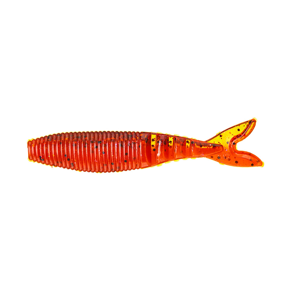 A Yamamoto Zako Slim soft plastic lure by Yamamoto, featuring an orange body with black speckles and ribs, shaped like a small fish—perfect for finesse fishing—shown on a white background.