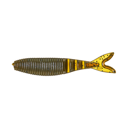 The Yamamoto Zako Slim by Yamamoto is a soft plastic lure shaped like a small fish, perfect for finesse fishing, with a ribbed olive green body and a yellow, forked tail featuring dark spots and translucent areas.