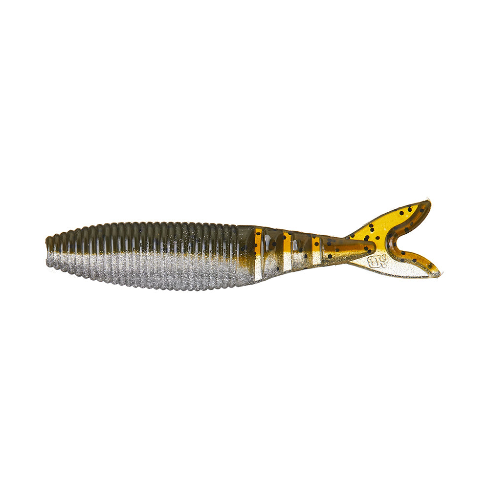 The Yamamoto Zako Slim by Yamamoto is a soft plastic lure featuring a ribbed, segmented body in silver and olive green, with a forked translucent yellow tail marked with black speckles—ideal for finesse techniques or chatterbaits.