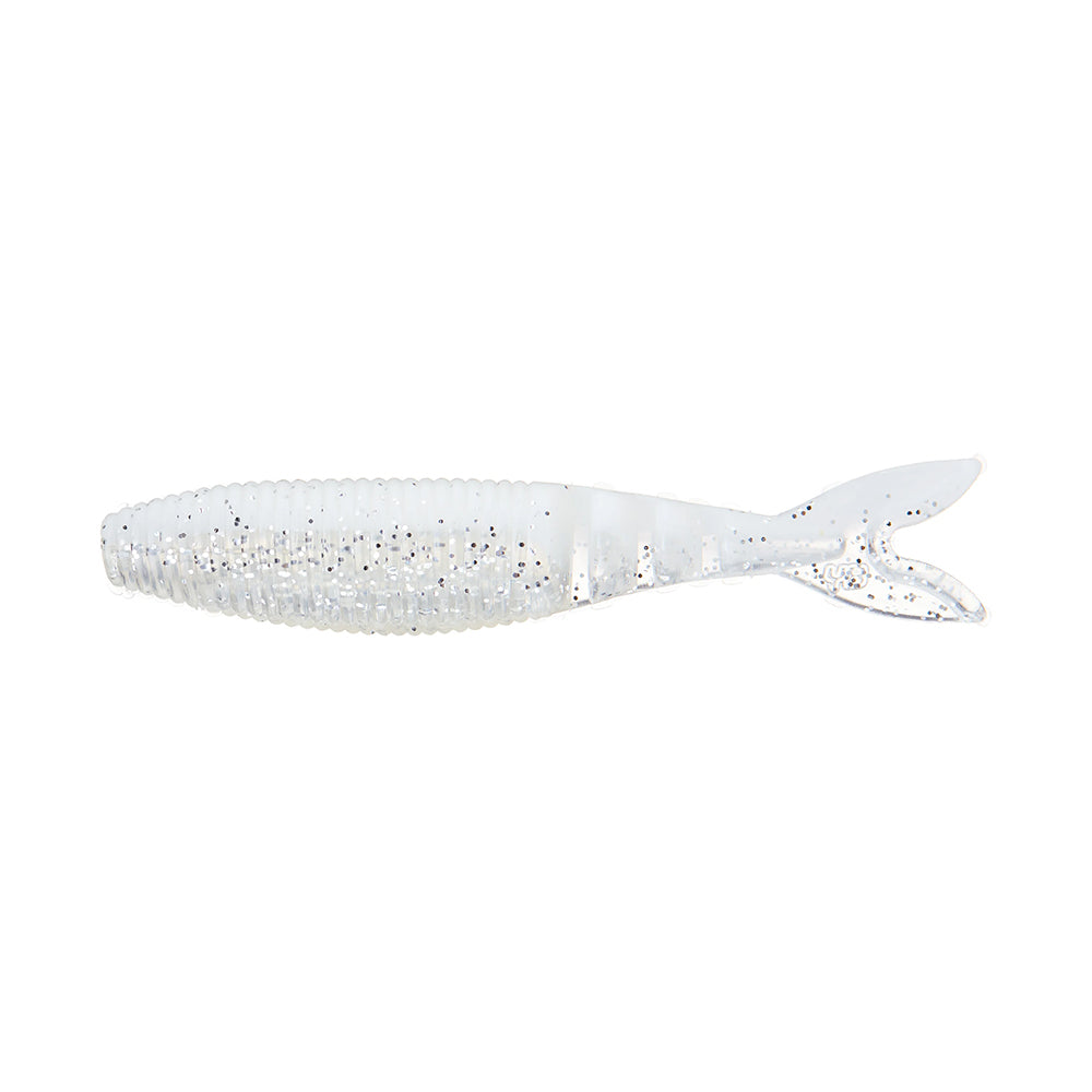 The Yamamoto Zako Slim by Yamamoto is a soft plastic fishing lure shaped like a small fish with a forked tail, in translucent white with silver glitter—perfect for finesse fishing or as a chatterbait trailer.