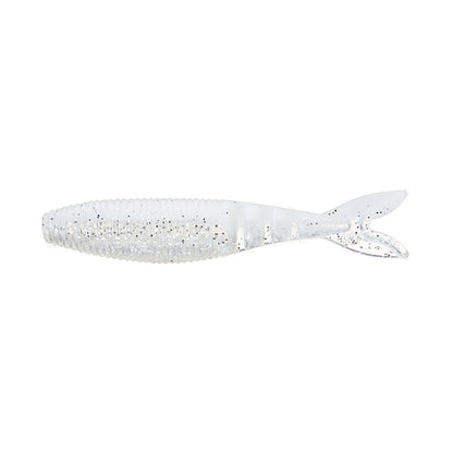 The Yamamoto Zako Slim by Yamamoto is a soft plastic fishing lure shaped like a small fish with a forked tail, in translucent white with silver glitter—perfect for finesse fishing or as a chatterbait trailer.
