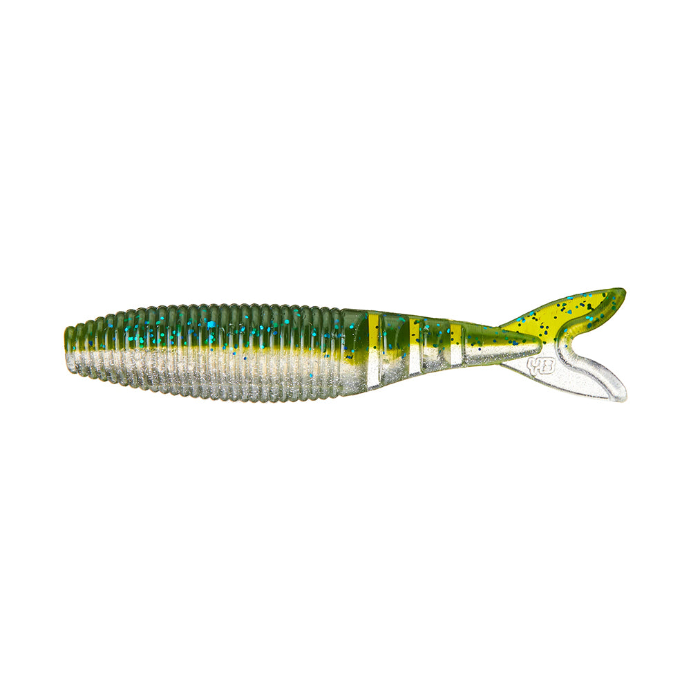 The Yamamoto Zako Slim by Yamamoto is a soft plastic lure with a ribbed body, green-yellow color, black speckles, and a forked tail—great for finesse fishing as a chatterbait trailer or on its own for subtle presentations.