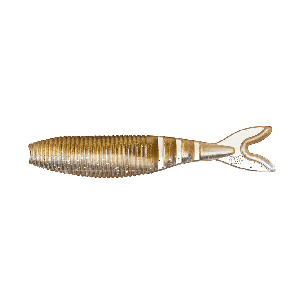 The Yamamoto Zako Slim by Yamamoto is a soft plastic lure with a ribbed body, forked tail, and light brown translucent color—perfect for finesse fishing or as a trailer for chatterbaits.
