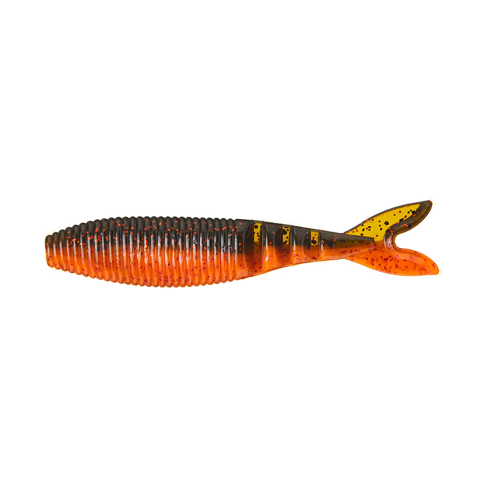The Yamamoto Zako Slim by Yamamoto is a soft plastic lure shaped like a small fish, with a dark brown head fading to translucent orange and yellow at the tail, ribbed texture, and black speckles—perfect for finesse fishing.